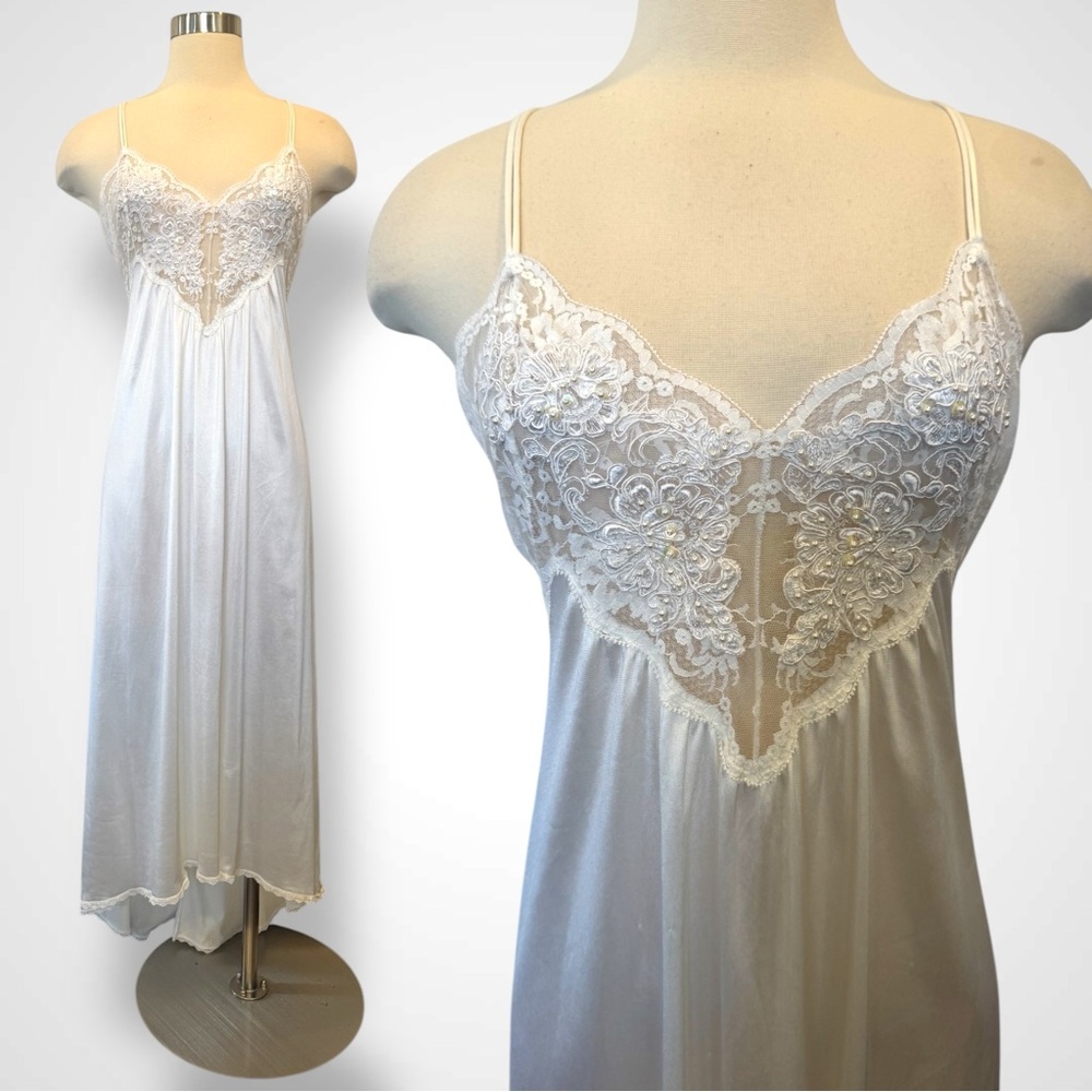 80s Victoria’s Secret Silky Nylon White Lace Vintage Bridal Maxi Gown Slip Dress - Picture 8 of 9